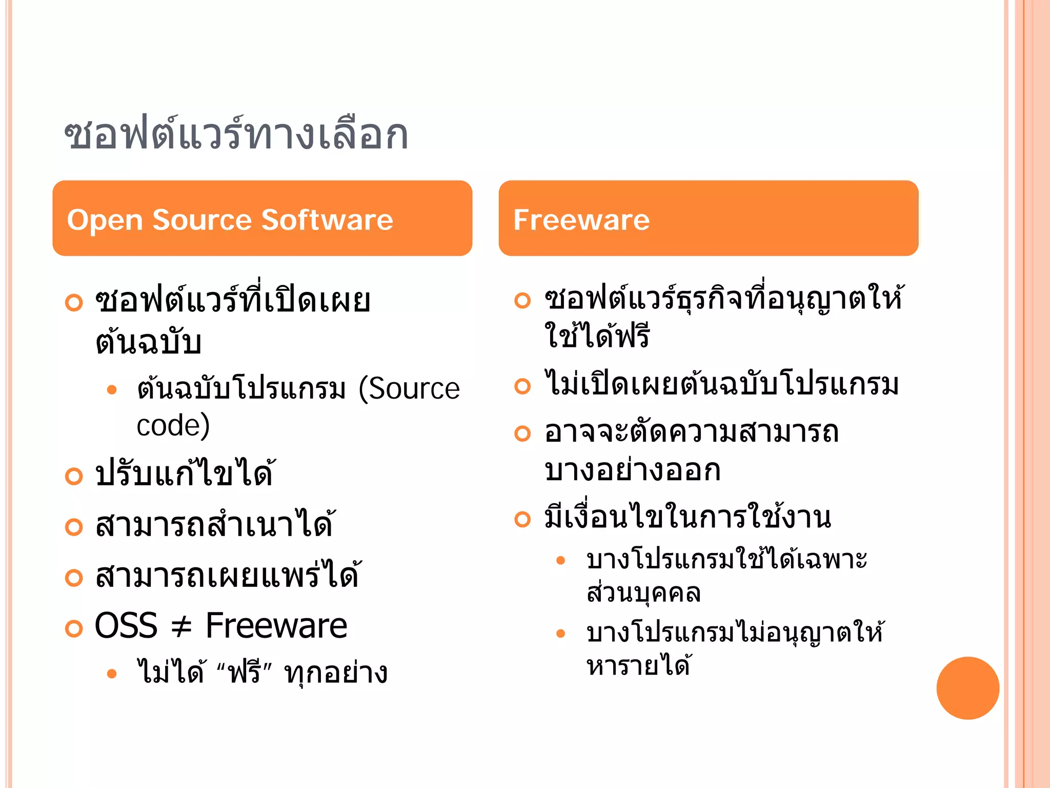 ซอฟต์แวร์ทางเลือก
Open Source Software              Freeware

   ซอฟต์แวร์ทเปิ ดเผย
              ี่                     ซอฟต์แวร์ธรกิจทีอนุญาตให ้
                                                  ุ     ่
    ต ้นฉบับ                              ้
                                      ใชได ้ฟรี
       ต ้นฉบับโปรแกรม (Source      ไม่เปิ ดเผยต ้นฉบับโปรแกรม
        code)                        อาจจะตัดความสามารถ
 ปรับแก ้ไขได ้                      บางอย่างออก
 สามารถสําเนาได ้                   มีเงือนไขในการใชงาน
                                            ่             ้
                                                      ้
                                          บางโปรแกรมใชได ้เฉพาะ
 สามารถเผยแพร่ได ้
                                           ่
                                          สวนบคคล
                                              ุ
 OSS ≠ Freeware                         บางโปรแกรมไม่อนุญาตให ้
       ไม่ได ้ “ฟรี” ทุกอย่าง            หารายได ้
 