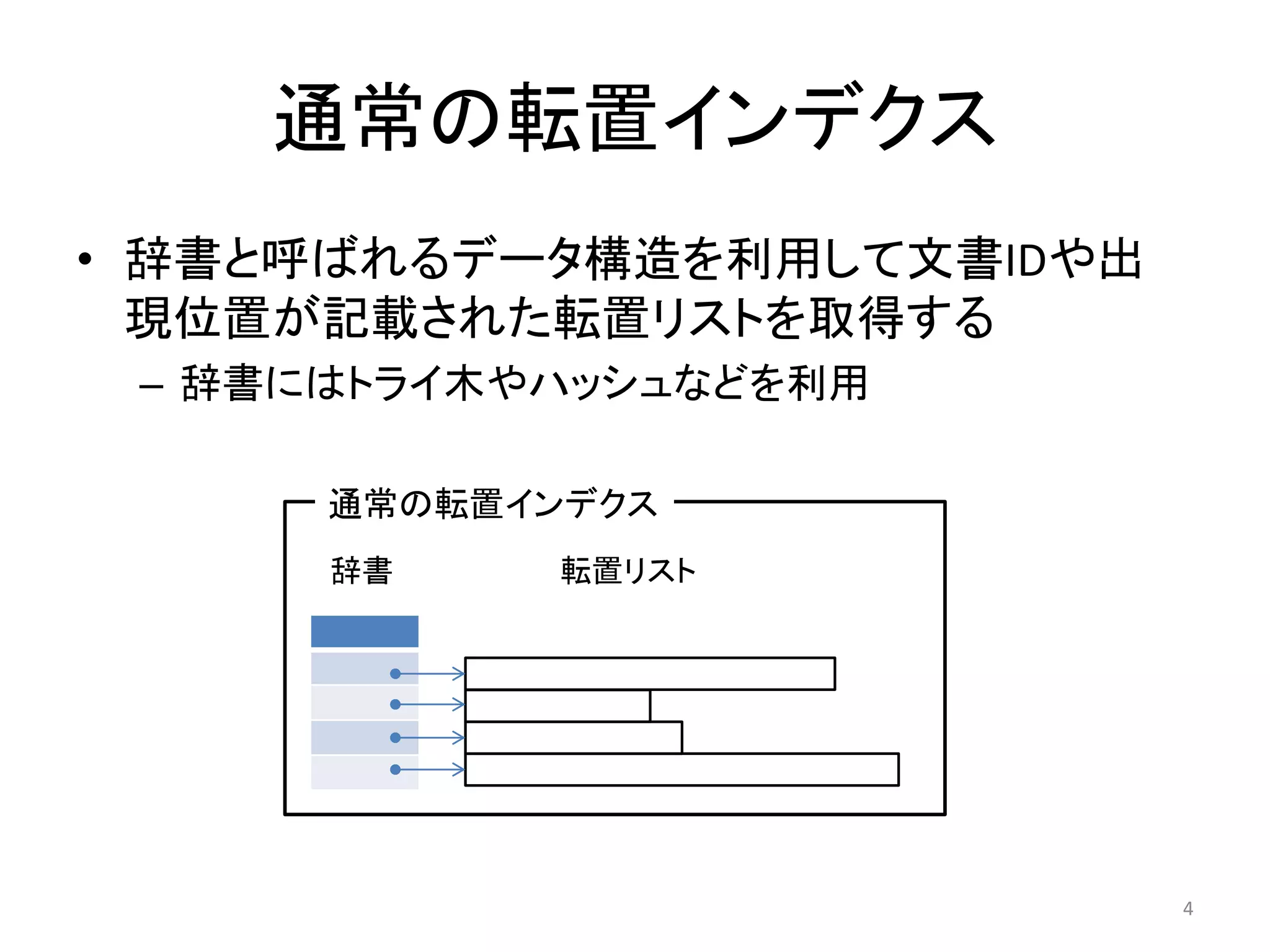 通常の転置インデクス
• 辞書と呼ばれるデータ構造を利用して文書IDや出
  現位置が記載された転置リストを取得する
 – 辞書にはトライ木やハッシュなどを利用

      通常の転置インデクス
      辞書     転置リスト




                            4
 