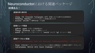 Neuroconductorにおける関連パッケージ
- ANTs: 医用画像の定量ツール群
- ichseg: X線 Computed Tomography (CT) 画像における脳内出血領域抽出
- RNiftyReg: NiftyRegライブラリを使った画像位置合わせ
- dcm2niir: DICOMからNIfTI画像への変換
画像処理・解析系
- ggBrain: ggplot を用いた脳画像表示
- Papaya: JavaScript を用いた画像ビューア
- brainR: 脳イメージング用パッケージ 'misc3d' および 'rgl' のヘルパー機能
画像ビューア関連
- nitrcbot: NeuroImaging Tools and Resources Collaboratory(NITRC)から画像を取得する
パッケージ
- Rxnat: 神経画像アーカイブツールキットからの検索と画像抽出（公開/非公開データセット）
- malf.templates: MICCAI 2012 Grand Challengeのデータセット
画像データセット関連
結構ある！
 