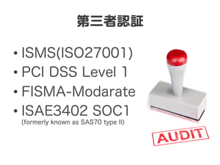 第三者認証  

•  ISMS(ISO27001)
•  PCI DSS Level 1
•  FISMA-Modarate
•  ISAE3402 SOC1
 (formerly known as SAS70 type II)
 