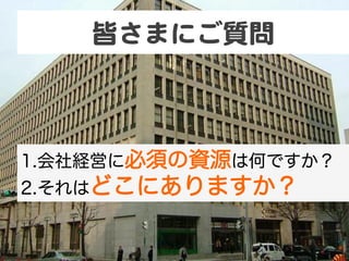 皆さまにご質問  



1. 会社経営に必須の資源は何ですか？
2. それはどこにありますか？
 