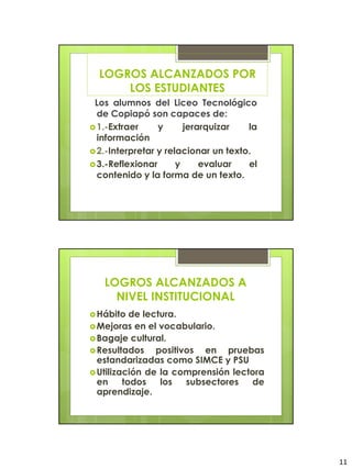 LOGROS ALCANZADOS POR
      LOS ESTUDIANTES
 Los alumnos del Liceo Tecnológico
  de Copiapó son capaces de:
 1.-Extraer     y      jerarquizar   la
  información
 2.-Interpretar y relacionar un texto.
 3.-Reflexionar      y     evaluar   el
  contenido y la forma de un texto.




   LOGROS ALCANZADOS A
     NIVEL INSTITUCIONAL
 Hábito   de lectura.
 Mejoras en el vocabulario.
 Bagaje cultural.
 Resultados     positivos en pruebas
  estandarizadas como SIMCE y PSU
 Utilización de la comprensión lectora
  en     todos    los   subsectores de
  aprendizaje.




                                           11
 