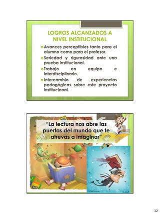 LOGROS ALCANZADOS A
     NIVEL INSTITUCIONAL
 Avances    perceptibles tanto para el
  alumno como para el profesor.
 Seriedad y rigurosidad ante una
  prueba institucional.
 Trabajo        en      equipo       e
  interdisciplinario.
 Intercambio       de     experiencias
  pedagógicas sobre este proyecto
  institucional.




  “La lectura nos abre las
 puertas del mundo que te
    atrevas a imaginar”




                                          12
 
