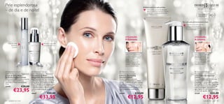 Pele esplendorosa                                                                                                         Esfoliante para uma pele perfeita

– de dia e de noite!                                                                                                           Enriquecido com pó de diamante
                                                                                                                               genuíno, este Elixir exclusivo oferece
                                                                                                                               à pele um cuidado rejuvenescedor
                                                                                                                                                                                              Para uma pele tão bela quanto
                                                                                                                                                                                                     os diamantes

                                                                                                                               e uniformizador.                                                Para todos os
                                                                                                                                                                                               tipos de pele     40+
                                                                                                                           

                                                                                                                                                                        Para uma pele primorosamente limpa
                                                                                                                                                                            Uma estrutura molecular que
                                                                                                                                                                            atrai e junta as impurezas,
                                                                                                                                                                            permitindo a sua remoção
                                                                                                                                                                            numa só passagem.
                         



                                                                                            UTILIZAÇÃO:                                                                                  UTILIZAÇÃO:
                                                                                            O Esfoliante                                                                                 A Limpeza
     Para um olhar                                          Renove a sua pele
          luminoso                                           enquanto dorme
            e jovem                                                                                                                                        



                                                                                            Aplicar com movimentos                                                                       Aplicar com um disco de
                                                                                            circulares, evitando a zona                                                                  algodão, massajando
                                                                                            dos olhos. Limpe e seque.                                                                    gentilmente, na zona do
                                                                                            Utilizar 1–2 vezes por                                                                       rosto e pescoço. Não
                                                                                            semana. Para melhores                                                                        necessita de ser removido
                                                                                            resultados, aplique de                                                                       com água. Aplicar de
                                                                                            seguida o Creme de Dia                                                                       manhã e à noite.
                                                                                            ou o Creme de Noite.


 Diamond Cellular                         Diamond Cellular                          Diamond Cellular                                                                                   Diamond Cellular
Multi-Perfection Eye Treatment            Night Restorative Treatment              Illuminating Exfoliator                                                                               Micellar Solution Cleanser
Creme de Olhos Multi-                     Tratamento de Noite                      Esfoliante Illuminating                                                                               Limpeza Micellar Diamond
Perfection Diamond Cellular               Restaurador Diamond Cellular             Diamond Cellular                                                                                      Cellular
Atenua os círculos e as bolsas escuras,   Este Tratamento de Noite estimula        Esfolie e melhore a sua pele,                                                                         Fórmula luxuosa tudo-em-um, para
corrige as rugas e as linhas de            o processo de renovação celular de      removendo suavemente as células                                                                       toniﬁcar a pele e remover a
expressão e hidrata intensamente.         forma eﬁcaz. O Complexo Diamond          mortas, revelando uma pele radiante.                                                                  maquilhagem, enriquecida com White
15 ml.                                    Elixir™ devolve a luminosidade à pele,   A Loção Diamond ilumina, toniﬁca e                                                                    Diamond Elixir™. Graças à Tecnologia
22419                    €28,00           enquanto o Cellular Sal Acid renova      uniformiza o tom da pele. Partículas                                                                  Micellar, remove todas as impurezas


            €23,95
                                          a superfície cutânea. Aplicar na pele    de Diamante esfoliam a pele para um                                                                   numa só passagem, sem adicionar
                                          todas as noites antes de se deitar.      aspecto saudável e mais jovem.                                                                        água. Aplicar de manhã e à noite com
                                          30 ml.                                   150 ml.                                                                                               um disco de algodão. 200 ml.
                                          18437                    €42,00          24199                     €22,00                                                                      21339                       €22,00
                                                      €33,95                                    €12,95                                                                                                €12,95
64   cuidados do rosto                                                                                                                                                                                 cuidados do rosto      65
 