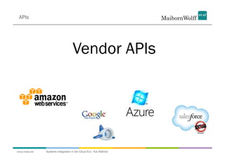 APIs




                                  Vendor APIs




www.mwea.de   Systems Integration in the Cloud Era - Kai Wähner
 