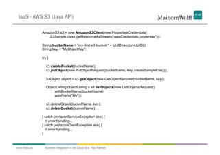 IaaS - AWS S3 (Java API)

              AmazonS3 s3 = new AmazonS3Client(new PropertiesCredentials(
                 S3Sample.class.getResourceAsStream("AwsCredentials.properties")));

              String bucketName = "my-first-s3-bucket-" + UUID.randomUUID();
              String key = "MyObjectKey";

              try {

                 s3.createBucket(bucketName);
                 s3.putObject(new PutObjectRequest(bucketName, key, createSampleFile()));

                 S3Object object = s3.getObject(new GetObjectRequest(bucketName, key));

                 ObjectListing objectListing = s3.listObjects(new ListObjectsRequest()
                     .withBucketName(bucketName)
                     .withPrefix("My"));

                 s3.deleteObject(bucketName, key);
                 s3.deleteBucket(bucketName);

              } catch (AmazonServiceException ase) {
                // error handling...
              } catch (AmazonClientException ace) {
                // error handling...
              }



www.mwea.de     Systems Integration in the Cloud Era - Kai Wähner
 