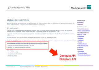 jClouds (Generic API)




                                                                  Compute API
                                                                  Blobstore API

www.mwea.de   Systems Integration in the Cloud Era - Kai Wähner
 