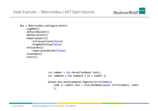 Code Example – NServiceBus (.NET Open Source)




www.mwea.de   Systems Integration in the Cloud Era - Kai Wähner
 