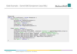 Code Example – Camel GAE Component (Java DSL)




www.mwea.de   Systems Integration in the Cloud Era - Kai Wähner
 