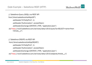 Code Example – Salesforce REST (HTTP)


  // Salesforce Query (SOQL) via REST API
  from("direct:salesforceViaHttpLIST")
         .setHeader("X-PrettyPrint", 1)
         .setHeader("Authorization", accessToken)
         .setHeader(Exchange.CONTENT_TYPE, "application/json")
  .to("https://na14.salesforce.com/services/data/v20.0/query?q=SELECT+name+from
        +Article__c")



  // Salesforce CREATE via REST API
   from("direct:salesforceViaHttpCREATE")
         .setHeader("X-PrettyPrint", 1)
         .setHeader("Authorization", accessToken)
         .setHeader(Exchange.CONTENT_TYPE, "application/json“)
  .to("https://na14.salesforce.com/services/data/v20.0/sobjects/Article__c")



www.mwea.de      Systems Integration in the Cloud Era - Kai Wähner
 