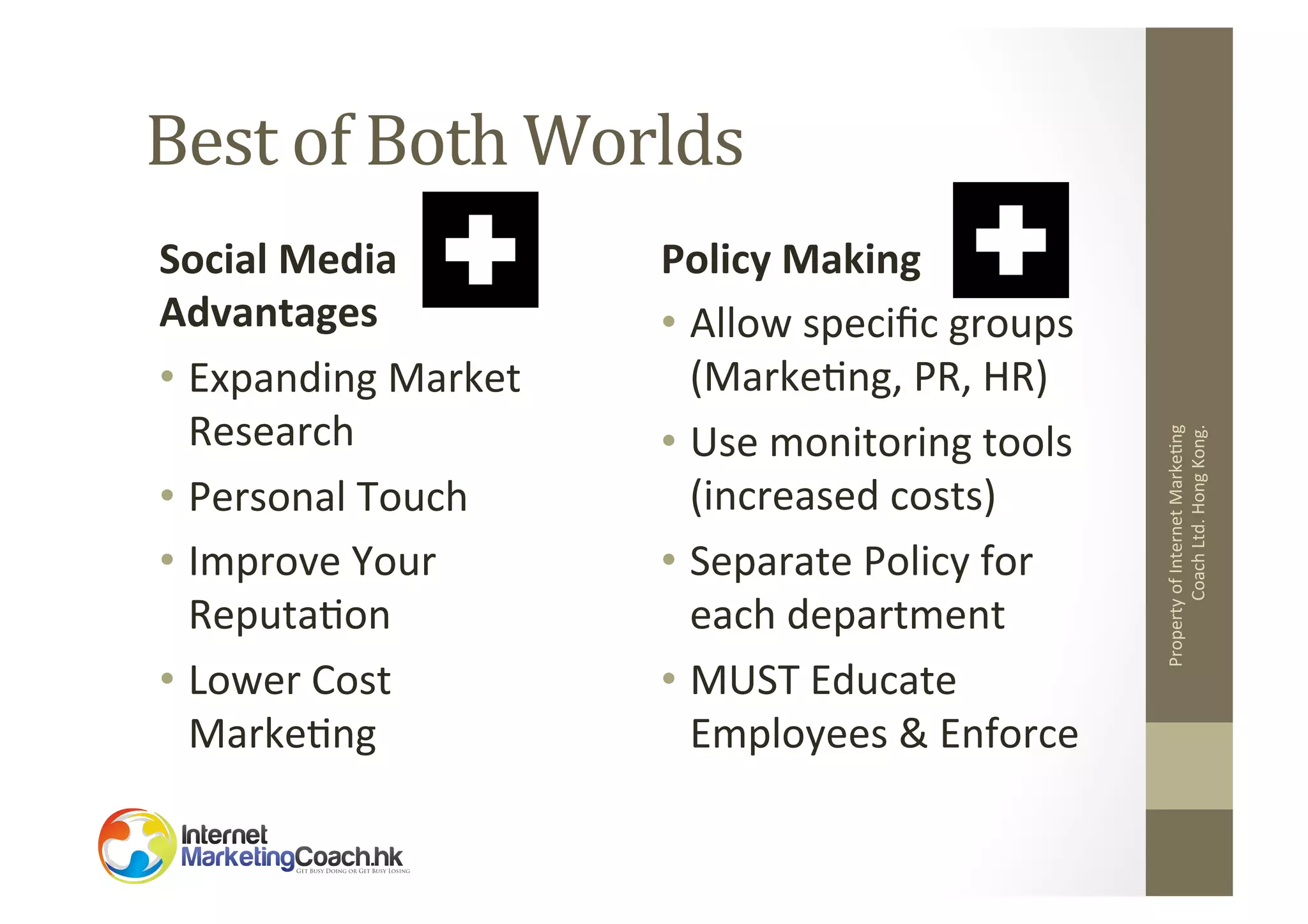 Social	
  Media	
  
Advantages	
  
•  Expanding	
  Market	
  
Research	
  
•  Personal	
  Touch	
  
•  Improve	
  Your	
  
Reputa2on	
  
•  Lower	
  Cost	
  
Marke2ng	
  

Policy	
  Making	
  
•  Allow	
  speciﬁc	
  groups	
  
(Marke2ng,	
  PR,	
  HR)	
  
•  Use	
  monitoring	
  tools	
  
(increased	
  costs)	
  
•  Separate	
  Policy	
  for	
  
each	
  department	
  	
  
•  MUST	
  Educate	
  
Employees	
  &	
  Enforce	
  

Property	
  of	
  Internet	
  Marke2ng	
  
Coach	
  Ltd.	
  Hong	
  Kong.	
  

Best	
  of	
  Both	
  Worlds	
  

 