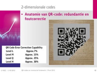 2-dimensionale codes
                     • Anatomie van QR-code: redundantie en
                       foutcorrectie




      QR Code Error Correction Capability
      Level L            Approx.7%
      Level M           Approx. 15%
      Level Q           Approx. 25%
      Level H           Approx. 30%


© VIGC - 1/10/2012   QR-codes en interactief drukwerk / Print 2012   10
 