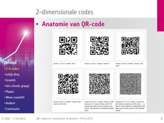 2-dimensionale codes
                          • Anatomie van QR-code




  Inhoud
  • 2-D codes
  • Lelijk ding
  • Grootte
  • Iets zinvols graag!
  • Plaats
  • Wees creatief!
  • Andere
  • Conclusies


© VIGC - 1/10/2012        QR-codes en interactief drukwerk / Print 2012   9
 