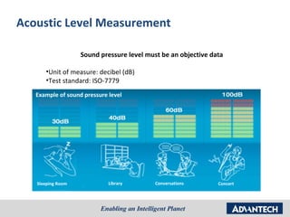 Acoustic Level Measurement

                   Sound pressure level must be an objective data

      •Unit of measure: decibel (dB)
      •Test standard: ISO-7779
   Example of sound pressure level




   Sleeping Room             Library       Conversations       Concert
 