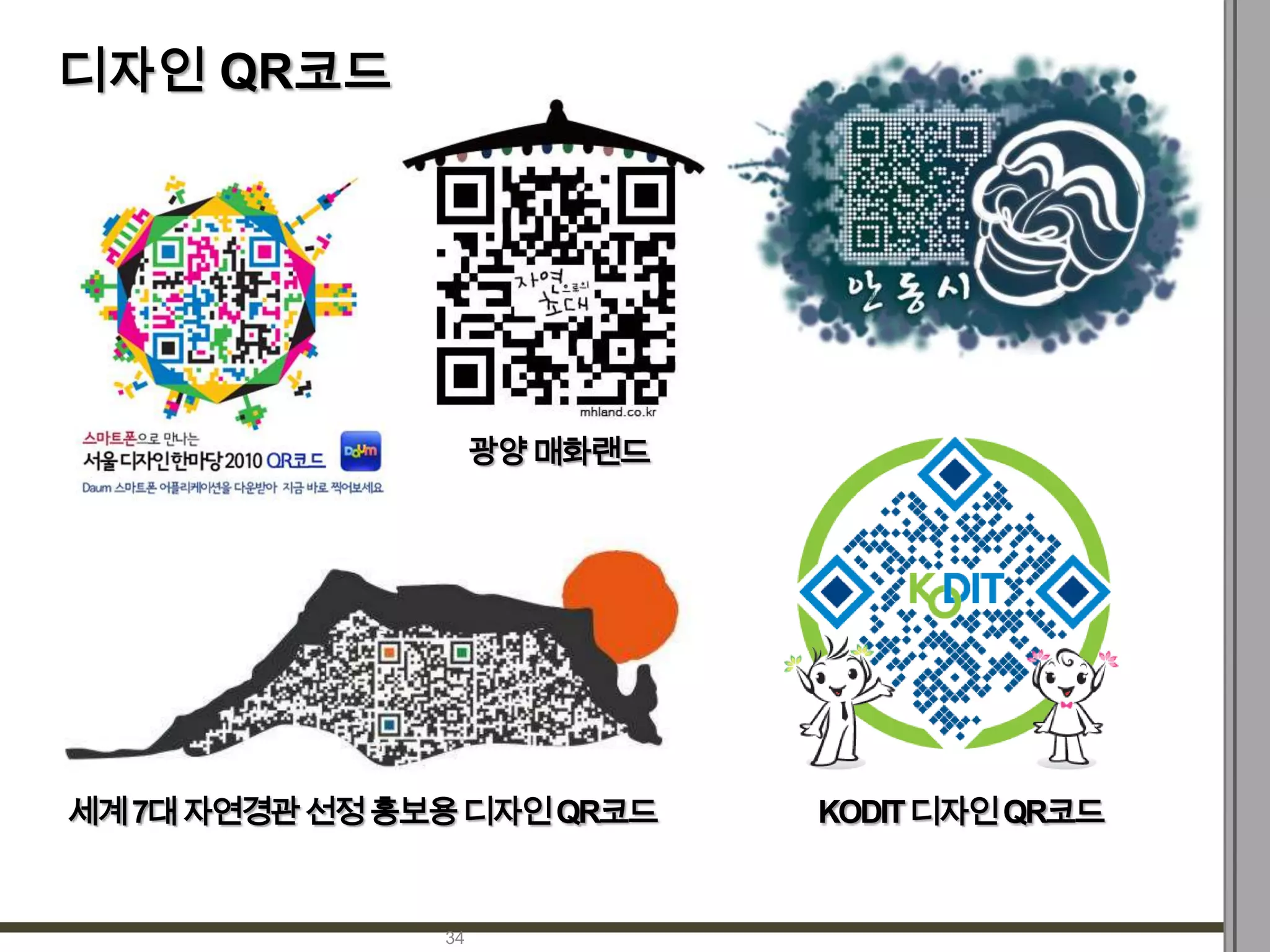 디자인 QR코드




                     광양 매화랜드




세계 7대 자연경관 선정 홍보용 디자인 QR코드     KODIT 디자인 QR코드


                34
 