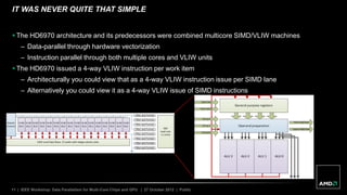 11 | IEEE Workshop: Data Parallelism for Multi-Core Chips and GPU | 27 October 2012 | Public
IT WAS NEVER QUITE THAT SIMPLE
 The HD6970 architecture and its predecessors were combined multicore SIMD/VLIW machines
– Data-parallel through hardware vectorization
– Instruction parallel through both multiple cores and VLIW units
 The HD6970 issued a 4-way VLIW instruction per work item
– Architecturally you could view that as a 4-way VLIW instruction issue per SIMD lane
– Alternatively you could view it as a 4-way VLIW issue of SIMD instructions
 