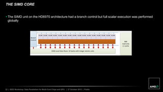 22 | IEEE Workshop: Data Parallelism for Multi-Core Chips and GPU | 27 October 2012 | Public
THE SIMD CORE
 The SIMD unit on the HD6970 architecture had a branch control but full scalar execution was performed
globally
 