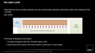28 | IEEE Workshop: Data Parallelism for Multi-Core Chips and GPU | 27 October 2012 | Public
THE SIMD CORE
 Now that we have a scalar processor we can dynamically schedule instructions rather than relying on the
compiler
 No VLIW!
 The heart of Graphics Core Next:
– A scalar processor with four 16-wide vector units
– Each lane of the vector, and hence each IL work item, is now scalar
 