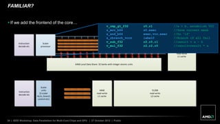 34 | IEEE Workshop: Data Parallelism for Multi-Core Chips and GPU | 27 October 2012 | Public
64kB
read-write
L1 cache
Instruction
decode etc
512kB
read-write
L2 cacheFMISC SSE
FMUL SSE
FADD SSE
Scalar
units
(3 scalar
ALUs, branch
control etc)
FAMILIAR?
 If we add the frontend of the core…
64kB Local Data Share: 32 banks with integer atomic units
16kB
read-write
L1 cache
Scalar
processor
Instruction
decode etc
“Graphics Core Next” core
“Barcelona” core
v_cmp_gt_f32 r0,r1 //a > b, establish VCC
s_mov_b64 s0,exec //Save current mask
s_and_b64 exec,vcc,exec //Do “if”
s_cbranch_vccz label0 //Branch if all fail
v_sub_f32 r2,r0,r1 //result = a – b
v_mul_f32 r2,r2,r0 //result=result * a
 