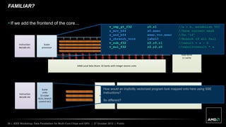 35 | IEEE Workshop: Data Parallelism for Multi-Core Chips and GPU | 27 October 2012 | Public
64kB
read-write
L1 cache
Instruction
decode etc
512kB
read-write
L2 cacheFMISC SSE
FMUL SSE
FADD SSE
Scalar
units
(3 scalar
ALUs, branch
control etc)
FAMILIAR?
 If we add the frontend of the core…
64kB Local Data Share: 32 banks with integer atomic units
16kB
read-write
L1 cache
Scalar
processor
Instruction
decode etc
“Graphics Core Next” core
“Barcelona” core
v_cmp_gt_f32 r0,r1 //a > b, establish VCC
s_mov_b64 s0,exec //Save current mask
s_and_b64 exec,vcc,exec //Do “if”
s_cbranch_vccz label0 //Branch if all fail
v_sub_f32 r2,r0,r1 //result = a – b
v_mul_f32 r2,r2,r0 //result=result * a
How would an implicitly vectorized program look mapped onto here using SSE
instructions?
So different?
 