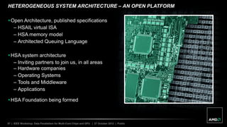 57 | IEEE Workshop: Data Parallelism for Multi-Core Chips and GPU | 27 October 2012 | Public
HETEROGENEOUS SYSTEM ARCHITECTURE – AN OPEN PLATFORM
Open Architecture, published specifications
– HSAIL virtual ISA
– HSA memory model
– Architected Queuing Language
HSA system architecture
– Inviting partners to join us, in all areas
– Hardware companies
– Operating Systems
– Tools and Middleware
– Applications
HSA Foundation being formed
 