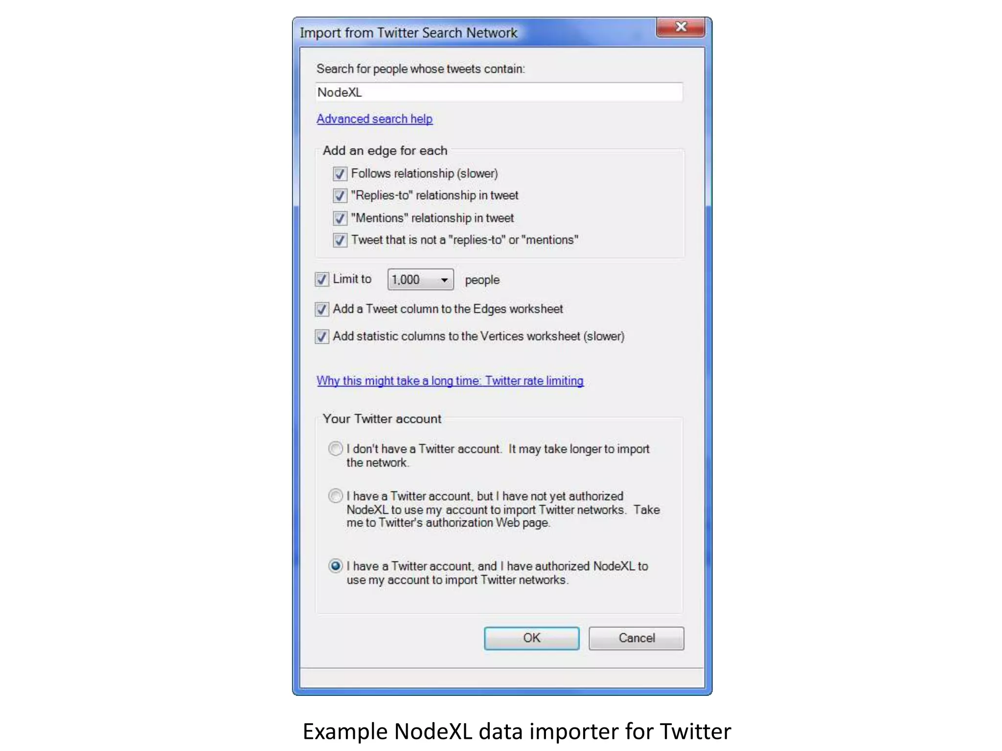 Example NodeXL data importer for Twitter
 