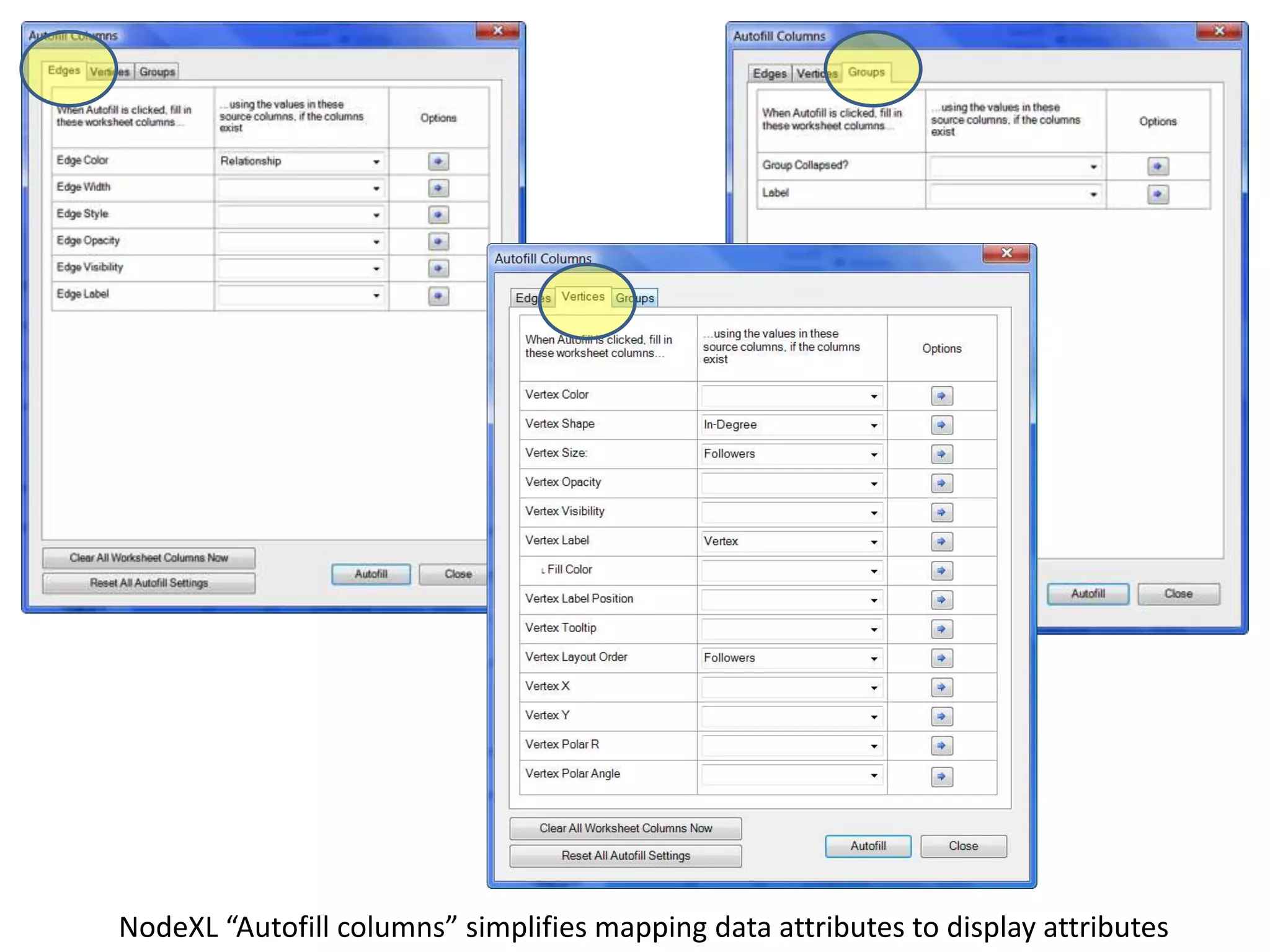 NodeXL “Autofill columns” simplifies mapping data attributes to display attributes
 