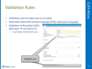 COFX MODEL
Validation Rules

• Validation rules for data rows in an entity
• Declarative Excel-like formula language (TCQL expression language)
• Validation enforced by CoFX's
  data layer  not only in UI
    – E.g. Scripts, Excel imports, etc.




                     Validation rule


                                                                          23
 
