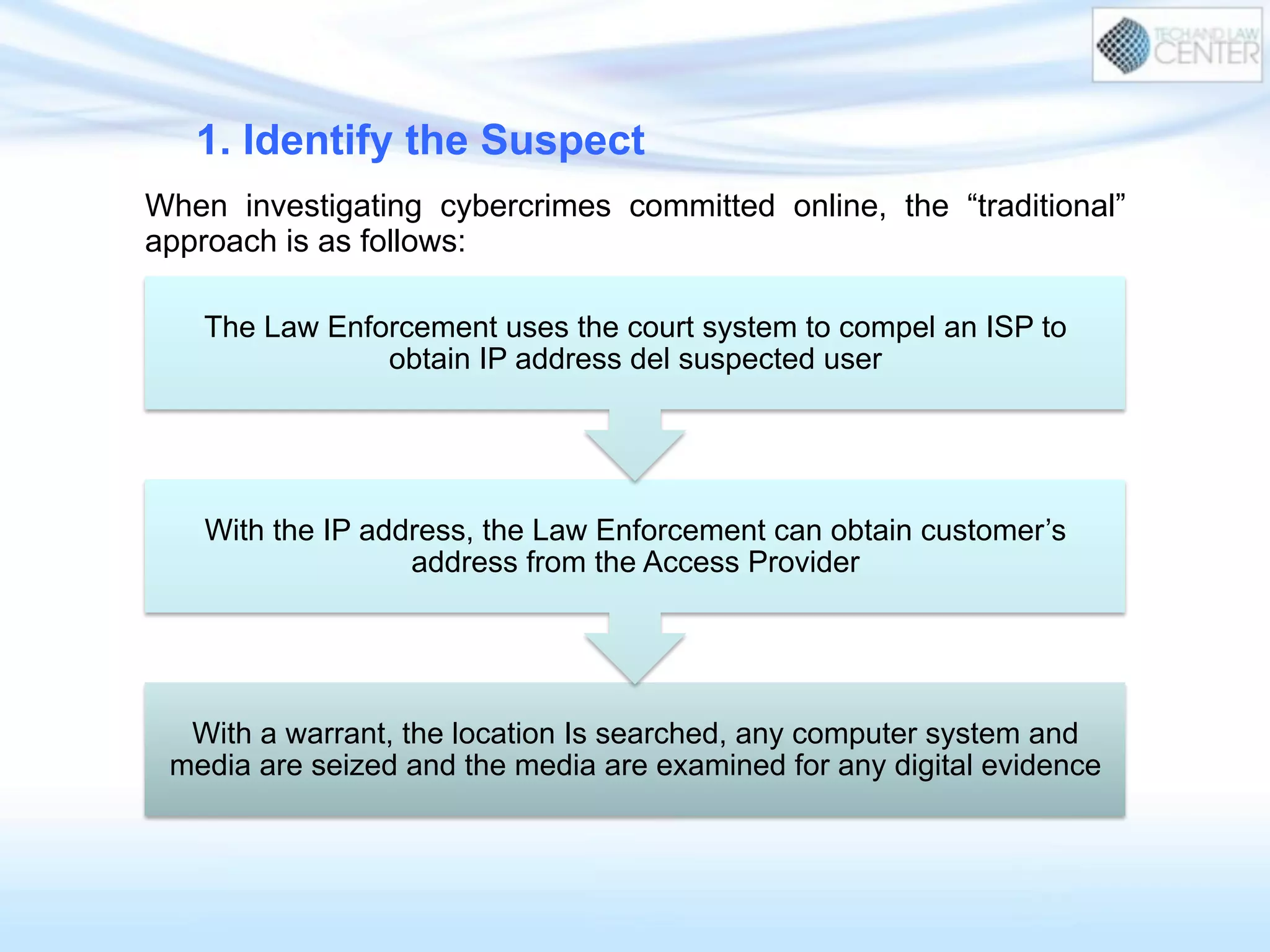 With a warrant, the location Is searched, any computer system and
media are seized and the media are examined for any digital evidence
With the IP address, the Law Enforcement can obtain customer’s
address from the Access Provider
The Law Enforcement uses the court system to compel an ISP to
obtain IP address del suspected user
1. Identify the Suspect
When investigating cybercrimes committed online, the “traditional”
approach is as follows:
 