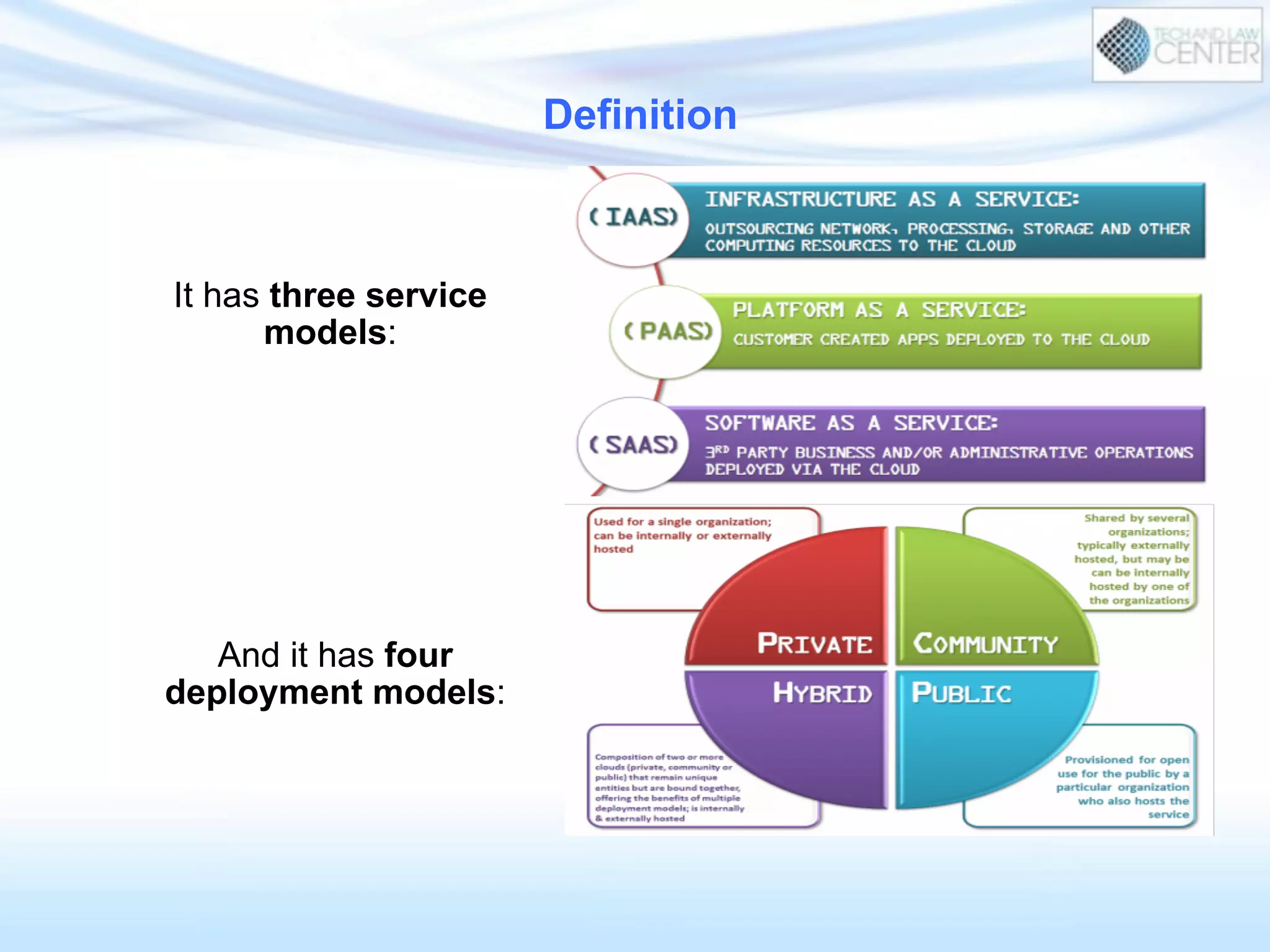 And it has four
deployment models:
Definition
It has three service
models:
 