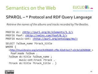 Semantics on theWeb
44
SPARQL – * Protocol and RDF Query Language
PREFIX dc: <http://purl.org/dc/elements/1.1/>
PREFIX foa...