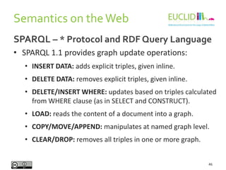 Semantics on theWeb
46
SPARQL – * Protocol and RDF Query Language
• SPARQL 1.1 provides graph update operations:
• INSERT ...