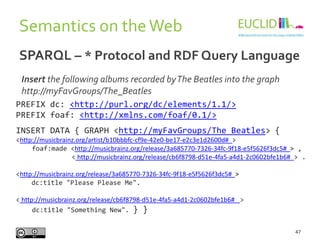 Semantics on theWeb
47
SPARQL – * Protocol and RDF Query Language
PREFIX dc: <http://purl.org/dc/elements/1.1/>
PREFIX foa...