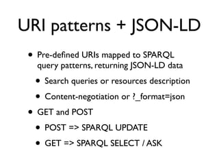 URI patterns + JSON-LD
 • Pre-deﬁned URIs mapped to SPARQL
   query patterns, returning JSON-LD data
  • Search queries or resources description
  • Content-negotiation or ?_format=json
 • GET and POST
  • POST => SPARQL UPDATE
  • GET => SPARQL SELECT / ASK
 