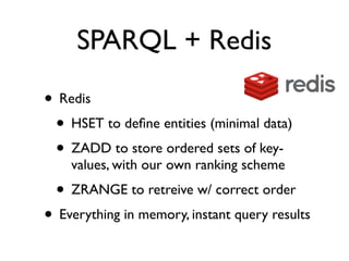 SPARQL + Redis

• Redis
 • HSET to deﬁne entities (minimal data)
 • ZADD to store ordered sets of key-
    values, with our own ranking scheme
  • ZRANGE to retreive w/ correct order
• Everything in memory, instant query results
 