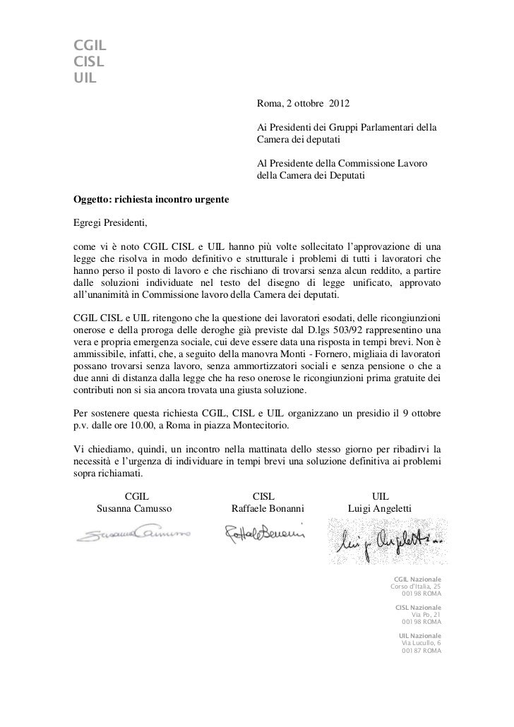 Lettera richiesta incontro sindacale
