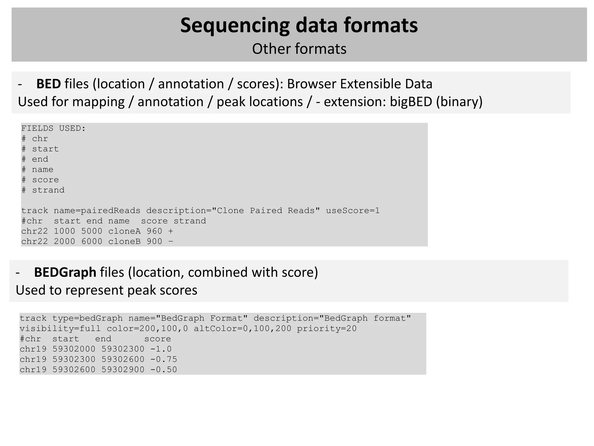 Sequencing data formats
                                            Other formats

- BED files (location / annotation / scores): Browser Extensible Data
Used for mapping / annotation / peak locations / - extension: bigBED (binary)
FIELDS USED:
# chr
# start
# end
# name
# score
# strand

track   name=pairedReads description="Clone Paired Reads" useScore=1
#chr    start end name score strand
chr22   1000 5000 cloneA 960 +
chr22   2000 6000 cloneB 900 –


- BEDGraph files (location, combined with score)
Used to represent peak scores
track type=bedGraph name="BedGraph Format" description="BedGraph format"
visibility=full color=200,100,0 altColor=0,100,200 priority=20
#chr start    end      score
chr19 59302000 59302300 -1.0
chr19 59302300 59302600 -0.75
chr19 59302600 59302900 -0.50
 