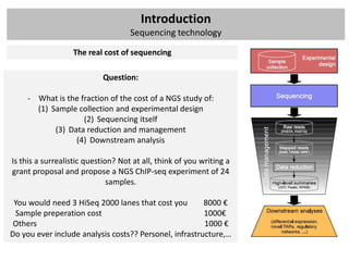 Introduction
                                    Sequencing technology

                  The real cost of sequencing

                            Question:

     - What is the fraction of the cost of a NGS study of:
       (1) Sample collection and experimental design
                    (2) Sequencing itself
            (3) Data reduction and management
                  (4) Downstream analysis

Is this a surrealistic question? Not at all, think of you writing a
grant proposal and propose a NGS ChIP-seq experiment of 24
                              samples.

 You would need 3 HiSeq 2000 lanes that cost you        8000 €
 Sample preperation cost                                1000€
 Others                                                 1000 €
Do you ever include analysis costs?? Personel, infrastructure,…
 