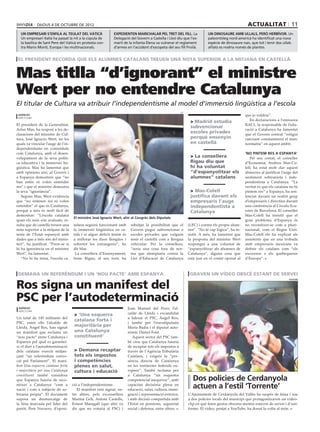 dijous 4 DE octubre DE 2012                                                                                                             actualitat 11
  un empresari s’enfila al teulat del vaticà                  expedienten marichalar pel tret del fill. La                   un dinosaure amb ullals, però herbívor. Un
  Un empresari italià ha passat la nit a la cúpula de         Delegació del Govern a Castella i Lleó diu que l’ex-           paleontòleg nord-americà ha identificat una nova
  la basílica de Sant Pere del Vaticà en protesta con-        marit de la infanta Elena va vulnerar el reglament             espècie de dinosaure nan, que tot i tenir dos ullals
  tra Mario Monti, Europa i les multinacionals.               d’armes en l’accident d’escopeta del seu fill Froilà.          afilats es nodria només de plantes.


 el president recorda que els alumnes catalans treuen una nota superior a la mitjana en castellà


Mas titlla “d’ignorant” el ministre
Wert per no entendre Catalunya
El titular de Cultura va atribuir l’independentisme al model d’immersió lingüística a l’escola
                                                                                                           efe
 agències                                                                                                                                           que jo voldria”.
 barcelona
                                                                                                                  > Madrid estudia                    En declaracions a l’emissora
El president de la Generalitat,                                                                                                                     RAC1, la responsable de l’edu-
                                                                                                                  subvencionar
Artur Mas, ha respost a les de-                                                                                                                     cació a Catalunya ha lamentat
claracions del ministre de Cul-
                                                                                                                  escoles privades                  que el Govern central “estigui
tura, José Ignacio Wert, en les                                                                                   perquè ensenyin                   canviant constantment el marc
quals va vincular l’auge de l’in-                                                                                 en castellà                       normatiu” en aquest àmbit.
dependentisme en comunitats
com Catalunya, amb el desen-                                                                                                                        ‘No pintem res a Espanya’
volupament de la seva políti-                                                                                     > La consellera                      Pel seu costat, el conseller
ca educativa i la immersió lin-                                                                                   Rigau diu que                     d’Economia, Andreu Mas-Co-
güística. Mas ha lamentat que                                                                                     hi ha voluntat                    lell, ha estat molt clar aquest
amb opinions així, al Govern i                                                                                    “d’espanyolitzar els              dimecres al justificar l’auge del
a Espanya demostren que “no                                                                                       alumnes” catalans                 sentiment sobiranista i inde-
han entès ni volen entendre                                                                                                                         pendentista a Catalunya. “La
res” i que el ministre demostra                                                                                                                     veritat és que els catalans no hi
la seva “ignorància”.                                                                                             > Mas-Colell                      pintem res” a Espanya, ha sen-
   Segons Mas, Wert evidencia                                                                                     justifica davant els              tenciat davant un nodrit grup
que “no entenen res ni volen                                                                                      empresaris l’auge                 d’empresaris i directius durant
entendre” el que és Catalunya,                                                                                    independentista a                 una conferència al Círculo Ecu-
perquè a més és molt fàcil de                                                                                     Catalunya                         estre de Barcelona. El conseller
demostrar: “L’escola catalana                                                                                                                       Mas-Colell ha insistit que el
                                      El ministre José Ignacio Wert, ahir al Congrès dels Diputats
quan els nois són avaluats, re-                                                                                                                     gran problema d’Espanya és
sulta que de castellà treuen una     talana seguirà funcionant amb       rebutjat la possibilitat que el         (LEC) i contra els propis alum-    no reconèixer-se com a pluri-
nota superior a la mitjana de la     la immersió lingüística en ca-      Govern pugui subvencionar a             nes”. “No té cap lògica”, ha in-   nacional, com el Regne Unit.
resta de l’Estat espanyol amb        talà i si algun dèficit tenim és    escoles privades que vulguin            sistit. A més, ha lamentat que     Mas-Colell els ha explicat als
dades que a més són del minis-       a millorar les dues llengües i      tenir el castellà com a llengua         la proposta del ministre Wert      assistents que en una trobada
teri”, ha justificat. “Fixin-se si   sobretot les estrangeres”, ha       vehicular. Per la consellera,           respongui a una voluntat de        amb empresaris mexicans va
hi ha ignorància en el ministre      dit Mas.                            “seria una cosa fora de nor-            “espanyolitzar als alumnes de      definir els catalans com “els
Wert”, ha lamentat.                   La consellera d’Ensenyament,       ma que atemptaria contra la             Catalunya”, alguna cosa que        escocesos o els quebequesos
   “No hi ha tema, l’escola ca-      Irene Rigau, al seu torn, ha        Llei d’Educació de Catalunya            està just en el costat oposat al   d’Europa”.



 demana un referèndum i un ‘nou pacte’ amb espanya                                                                graven un vídeo obscè estant de servei

Ros signa un manifest del
                                                                                                                                                                               youtube




PSC per l’autodeterminació
 agències                                                               Joan Manuel del Pozo; l’al-
 barcelona
                                      > ‘Una esquerra                   calde de Lleida i excandidat
Un total de 145 militants del                                           a liderar el PSC, Àngel Ros,
                                      catalana forta i
PSC, entre ells l’alcalde de                                            i també per l’eurodiputada
Lleida, Àngel Ros, han signat
                                      majoritària per                   Maria Badia i el diputat auto-
un manifest que reclama un            una Catalunya                     nòmic Daniel Font.
“nou pacte” entre Catalunya i         constituent’                         Aquest sector del PSC tam-
Espanya pel qual es garantei-                                           bé creu que Catalunya hauria
xi el dret a l’autodeterminació                                         de recaptar tots els impostos a
dels catalans exercit mitjan-         > Demana recaptar                 través de l’Agència Tributària
çant “un referèndum convo-            tots els impostos                 Catalana, i exigeix la “pre-
cat pel Parlament”. El mani-          i competències                    sència directa de Catalunya
fest Una esquerra catalana forta      plenes en salut,                  en les instàncies federals eu-
i majoritària per una Catalunya       cultura i educació                ropees”. També reclama per
constituent també considera                                             a Catalunya “un esquema
que Espanya hauria de reco-                                             competencial inequívoc”, amb               Dos policies de Cerdanyola
nèixer a Catalunya “com a
nació i com a subjecte de so-
                                     ció a l’independentisme.
                                        El manifest està signat, en-
                                                                        capacitat decisòria plena en
                                                                        educació, salut, cultura, immi-
                                                                                                                   actuen a l’estil ‘Torrente’
birania pròpia”. El document         tre altres, pels exconsellers      gració i representació exterior,         L’Ajuntament de Cerdanyola del Vallès ha suspès de feina i sou
suposa un desmarcatge de             Marina Geli, Antoni Castells,      i amb decisió compartida amb             a dos policies locals del municipi que protagonitzaven un video-
la línia marcada pel líder del       Ernest Maragall (que ahir va       l’Estat en pensions, seguretat           clip en què feien gestos obscens mentre estaven de servei i d’uni-
partit, Pere Navarro, d’oposi-       dir que no votaria al PSC) i       social i defensa, entre altres.          forme. El video, penjat a YouTube, ha donat la volta al món.
 