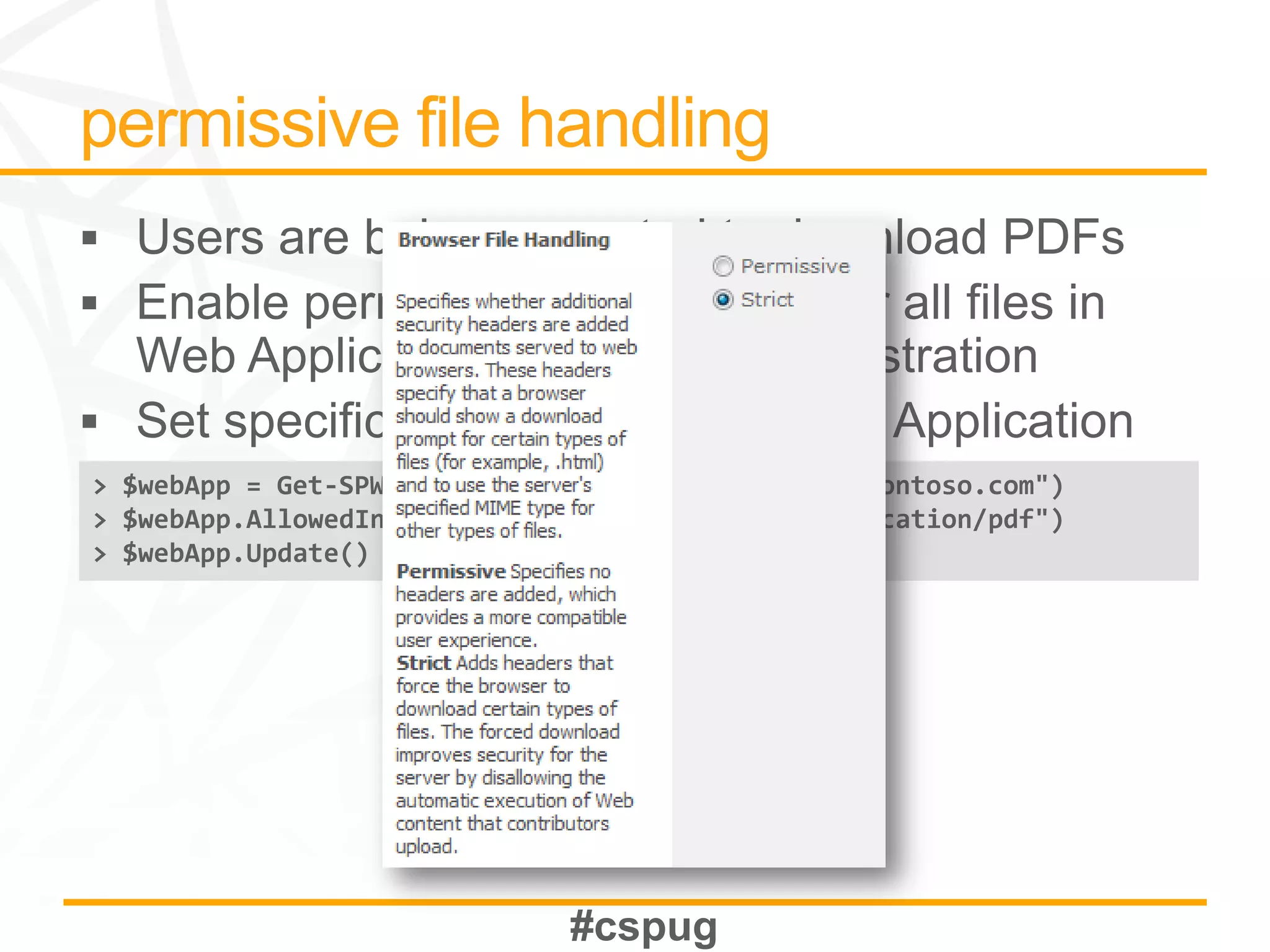 > $webApp = Get-SPWebApplication("http://intranet.contoso.com")
> $webApp.AllowedInlineDownloadMimeTypes.Add("application/pdf")
> $webApp.Update()
 