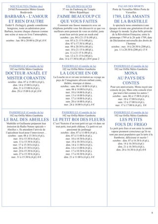 NOUVEAUTES (Théâtre des)                            PALAIS DES GLACES                                  PALAIS DES SPORTS
   24 bld Poissonnière Métro Grands                  37 rue du Faubourg du Temple                     Porte de Versailles Métro Porte de
              Boulevards                                    Métro République                                      Versailles
BARBARA - L'AMOUR                               J'AIME BEAUCOUP CE                                    1789, LES AMANTS
 ET RIEN D'AUTRE                                  QUE VOUS FAITES                                      DE LA BASTILLE
 Enikö S. (Szilagyi), grande comédienne          Comment une fausse manœuvre avec un                   le spectacle nous emmènera à une
  hongroise, toute en admiration pour       téléphone portable vous fait découvrir ce que vos      époque où toute une génération rêvait de
Barbara, incarne chaque chanson comme        meilleurs amis pensent de vous en réalité, juste       changer le monde: la plus belle période
une scène et nous en livre l’atmosphère,          avant leur arrivée pour un week-end                 de la Révolution Française, entre le
             la situation …                        octobre : jeu. 04 à 21:15 h (40 pl.),           printemps 1789 et le 26 août 1789, date
 octobre : lun. 08 à 20:00 h (20 pl.) 0 €               ven. 05 à 21:15 h (40 pl.),                 de Déclaration universelle des droits de
                                                        dim. 07 à 17:30 h (40 pl.),                                 l’homme
                                                       mar. 09 à 20:30 h (40 pl.),                   octobre : mer. 10 à 20:30 h (200 pl.),
                                                        mer. 10 à 21:15 h (40 pl.),                      jeu. 11 à 20:30 h (200 pl.) 15 €
                                                        jeu. 11 à 21:15 h (40 pl.),
                                                        ven. 12 à 21:15 h (40 pl.),
                                                  dim. 14 à 17:30 h (40 pl.) 20 € pour 2

    PASSERELLE (Comédie de la)                      PASSERELLE (Comédie de la)                         PASSERELLE (Comédie de la)
    102 rue Orfila Métro Gambetta                   102 rue Orfila Métro Gambetta                      102 rue Orfila Métro Gambetta
DOCTEUR ANAËL ET                                   LA LOUCHE EN OR                                            MONA
                                            La Louche en or est une invitation au voyage au
 MISTER CORANTIN                              pays de l’imaginaire africain mêlant conte,
                                                                                                           AU PAYS DES
   octobre : dim. 07 à 15:00 h (4 pl.),
       dim. 14 à 15:00 h (4 pl.),
                                                     théâtre, musique et danse…                              CONTES
                                                  octobre : sam. 06 à 14:00 h (4 pl.),             Pour son anniversaire, Mona reçoit une
        dim. 21 à 15:00 h (4 pl.),                     sam. 06 à 14:00 h (4 pl.),
      dim. 28 à 15:00 h (4 pl.) 0 €                                                                console de jeu. Mais cette console n'est
                                                       mer. 10 à 14:00 h (4 pl.),                     pas tout à fait comme les autres !
                                                       sam. 13 à 14:00 h (4 pl.),                    octobre : sam. 06 à 17:00 h (4 pl.),
                                                       mer. 17 à 14:00 h (4 pl.),                          mer. 10 à 17:00 h (4 pl.),
                                                       sam. 20 à 14:00 h (4 pl.),                         sam. 13 à 17:00 h (4 pl.),
                                                     mer. 24 à 14:00 h (4 pl.), 0 €                     mer. 17 à 17:00 h (4 pl.), 0 €

    PASSERELLE (Comédie de la)                      PASSERELLE (Comédie de la)                         PASSERELLE (Comédie de la)
    102 rue Orfila Métro Gambetta                   102 rue Orfila Métro Gambetta                      102 rue Orfila Métro Gambetta
LE BAL DES ABEILLES LE PETIT ROI DES FLEURS                                                               LES PETITS
  Mathilde et Guillaume préparent leur      C’est l’histoire d’un tout petit roi qui vit dans un
  émission de Radio Nature spéciale «         tout petit, tout petit château. Ce petit roi est
                                                                                                        FOUS DU FRIGO
   Abeilles ». Ils attendent l’arrivée de                 passionné de jardinage                    Le petit pois frais et son amie la carotte
 l’apiculteur local pour l’interviewer…             octobre : dim. 07 à 11:00 h (4 pl.),             vapeur prennent conscience qu’ils ne
   octobre : sam. 06 à 15:30 h (4 pl.),                  dim. 07 à 11:00 h (4 pl.),                sont pas aussi populaires que la tarte à la
        mer. 10 à 15:30 h (4 pl.),                       mer. 10 à 10:30 h (4 pl.),                    framboise, délicieuse et sucrée !
        sam. 13 à 15:30 h (4 pl.),                       mer. 10 à 10:30 h (4 pl.),                   octobre : dim. 07 à 16:30 h (4 pl.),
        mer. 17 à 15:30 h (4 pl.),                       dim. 14 à 11:00 h (4 pl.),                         dim. 14 à 16:30 h (4 pl.)
        sam. 20 à 15:30 h (4 pl.),                       dim. 14 à 11:00 h (4 pl.),                         dim. 21 à 16:30 h (4 pl.),
        mer. 24 à 15:30 h (4 pl.),                       mer. 17 à 10:30 h (4 pl.),                       dim. 28 à 16:30 h (4 pl.) 0 €
        sam. 27 à 15:30 h (4 pl.),                       mer. 17 à 10:30 h (4 pl.),
      mer. 31 à 15:30 h (4 pl.) 0 €                    dim. 21 à 11:00 h (4 pl.), 0 €




                                                                                                                                            8
 