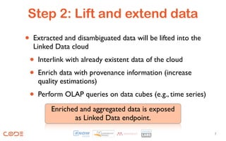 Step 2: Lift and extend data
• Extracted and disambiguated data will be lifted into the
  Linked Data cloud
 • Interlink with already existent data of the cloud
 • Enrich data with provenance information (increase
     quality estimations)
 •   Perform OLAP queries on data cubes (e.g., time series)
         Enriched and aggregated data is exposed
                as Linked Data endpoint.
                                                              7
 