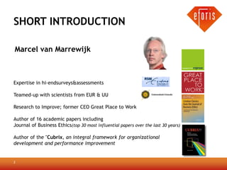 SHORT INTRODUCTION

Marcel van Marrewijk



Expertise in hi-endsurveys&assessments

Teamed-up with scientists from EUR & UU

Research to Improve; former CEO Great Place to Work

Author of 16 academic papers including
Journal of Business Ethics(top 30 most influential papers over the last 30 years)

Author of the "Cubrix, an integral framework for organizational
development and performance improvement


2
 