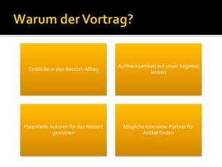 Aufmerksamkeit auf unser Angebot
  Einblicke in den Ressort-Alltag
                                                 lenken




Potentielle Autoren für das Ressort     Mögliche Interview-Partner für
             gewinnen                          Artikel finden
 
