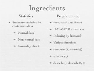 Ingredients
          Statistics                 Programming
n   Summary statistics for   n   vector and data frame
     continuous data
                              n   DATA$VAR extraction
     n   Normal data
                              n   Indexing by [row,col]
     n   Non-normal data
                              n   Various functions
     n   Normality check
                              n   skewness(), kurtosis()

                              n   summary()

                              n   describe(), describeBy()
 