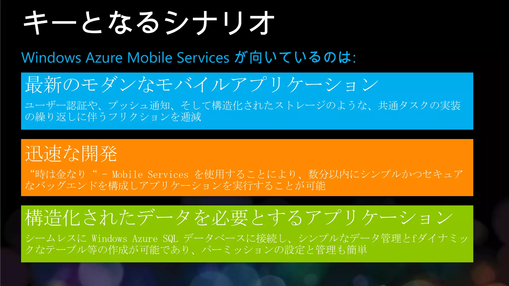 キーとなるシナリオ
Windows Azure Mobile Services が向いているのは:
 
