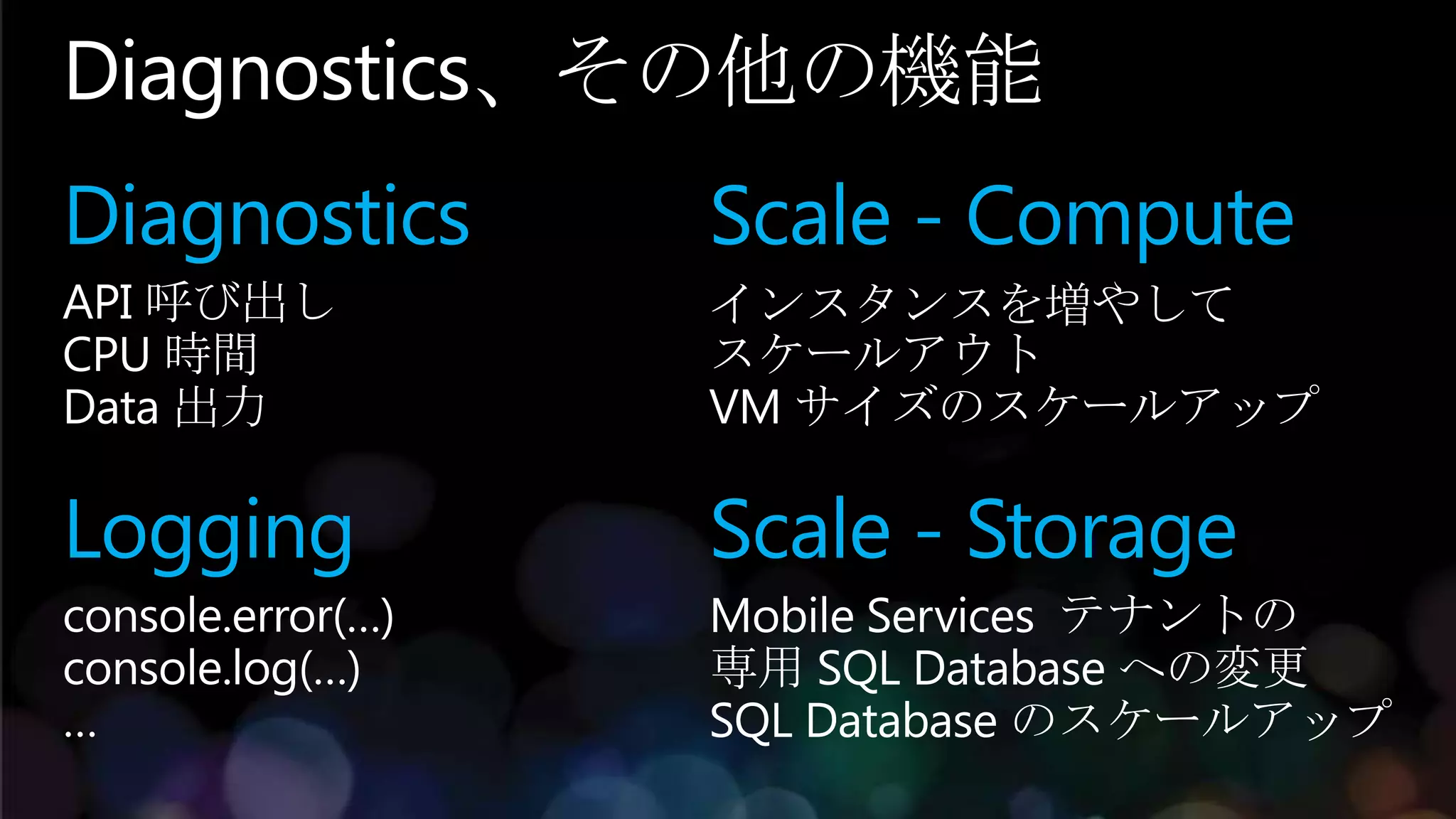 Diagnostics、その他の機能
Diagnostics        Scale - Compute
API 呼び出し           インスタンスを増やして
CPU 時間             スケールアウト
Data 出力            VM サイズのスケールアップ

Logging            Scale - Storage
console.error(…)   Mobile Services テナントの
console.log(…)     専用 SQL Database への変更
…                  SQL Database のスケールアップ
 