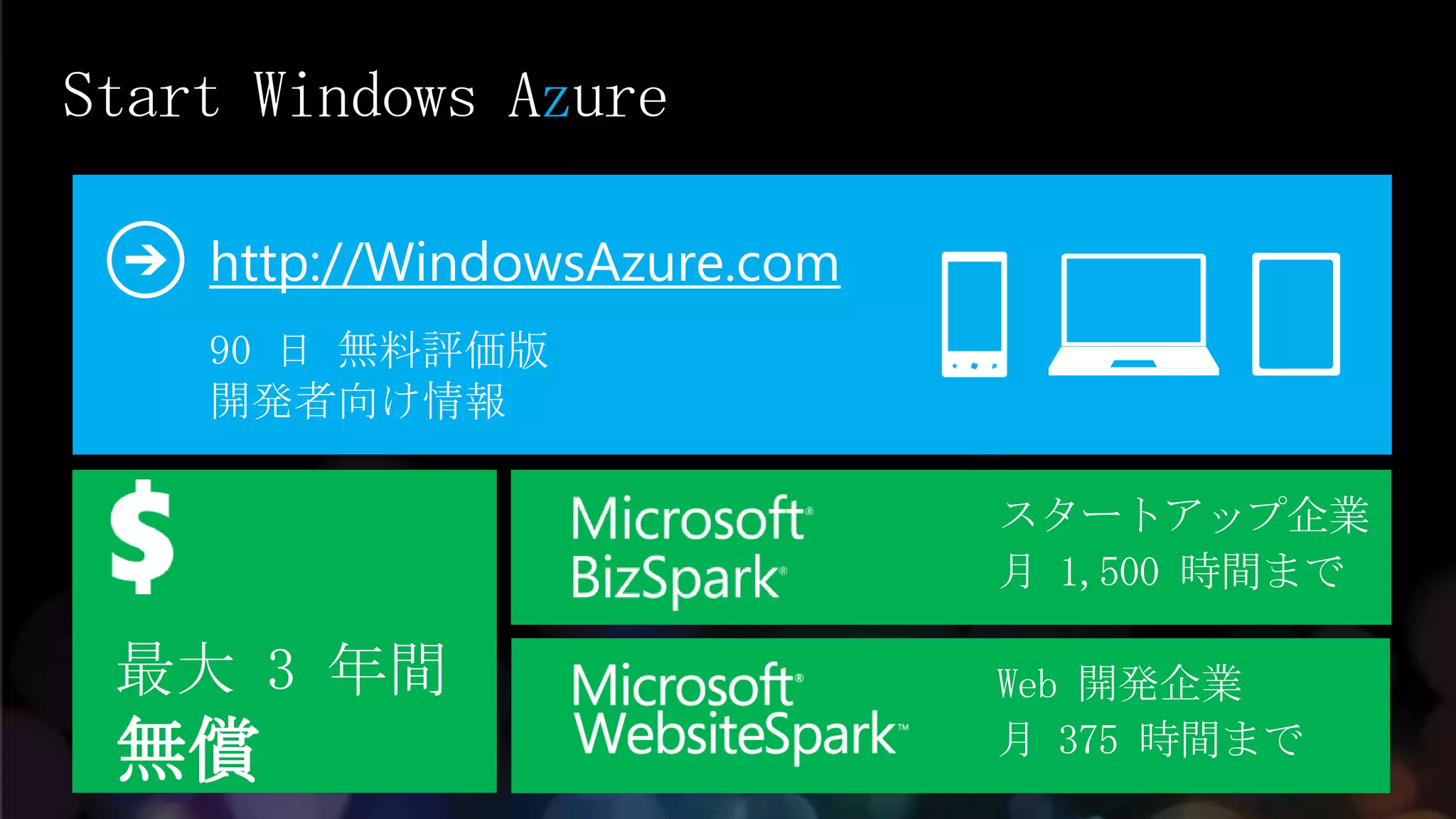 Start Windows Azure

    http://WindowsAzure.com
    90 日 無料評価版
    開発者向け情報

                              スタートアップ企業
                              月 1,500 時間まで

 最大 3 年間                      Web 開発企業
 無償                           月 375 時間まで
 