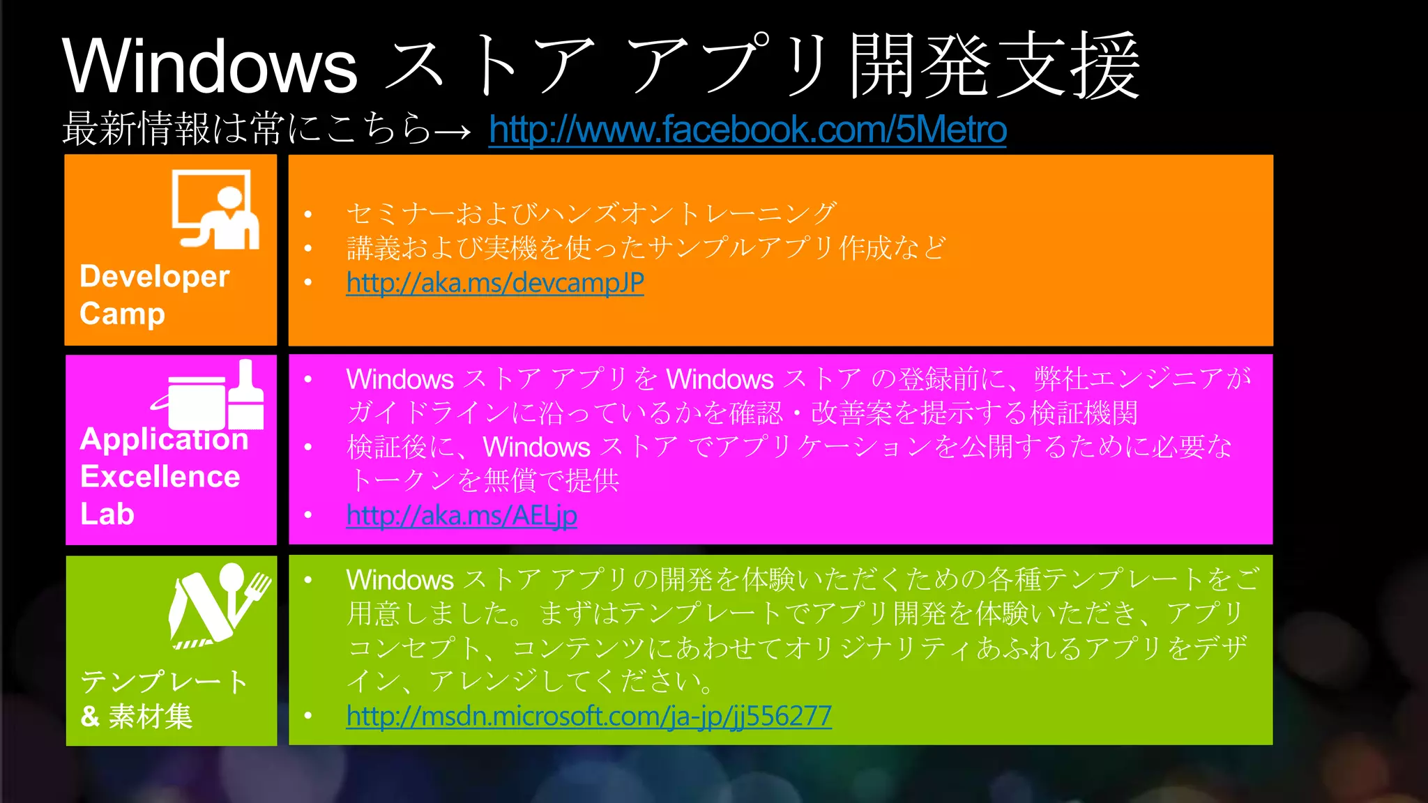 Windows ストア アプリ開発支援
最新情報は常にこちら→ http://www.facebook.com/5Metro


Developer     http://aka.ms/devcampJP
Camp



Application
Excellence
Lab           http://aka.ms/AELjp




テンプレート
& 素材集         http://msdn.microsoft.com/ja-jp/jj556277
 