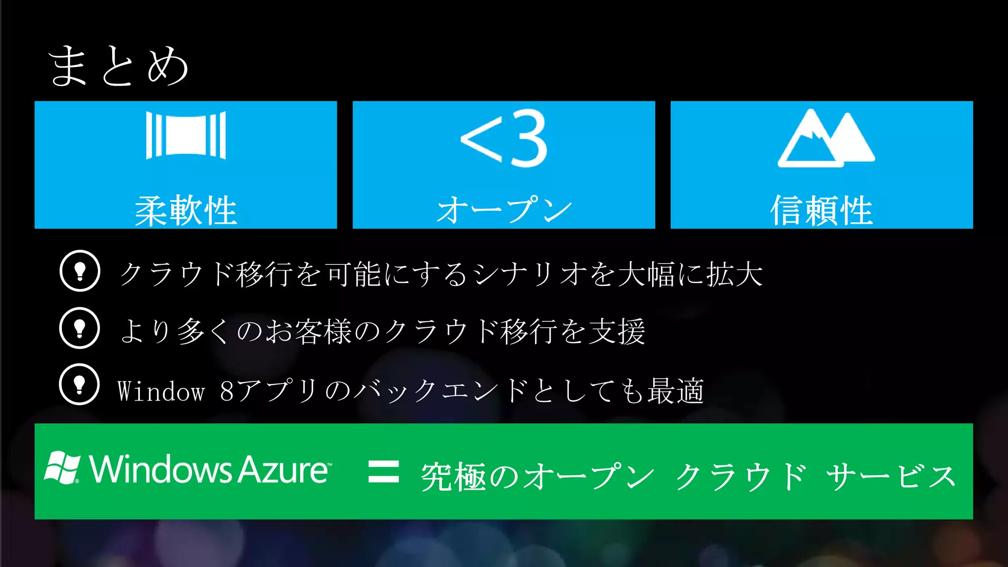 まとめ


 クラウド移行を可能にするシナリオを大幅に拡大
 より多くのお客様のクラウド移行を支援

 Window 8アプリのバックエンドとしても最適
 